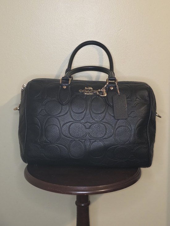 Coach Handbags - Coach Black Embossed Signature Leather Satchel with Gold Hardware